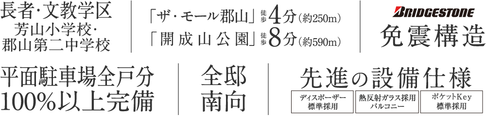 長者・文教学区 ✕ 「ザ・モール郡山」徒歩4分・「開成山公園」徒歩8分 ✕ 免震 ✕ 全戸南向 ✕ 平置き駐車場全戸分100%以上完備 ✕ 全邸南向 ✕ 先進の設備仕様